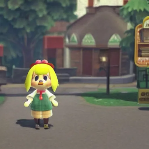 Prompt: A still of Isabelle from Animal Crossing in a lost footage horror movie, late 2000’s, low quality, vhs quality