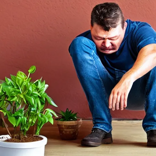 Prompt: a man sobbing over his dying potted plant