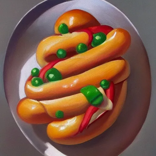 Prompt: a beautiful oil painting of a hotdog on a silver plate. colorful. masterpiece.