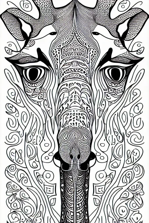 Prompt: giraffe ornate luxury fractal ink drawing line art colouring page, vector, margins, fine lines, centered