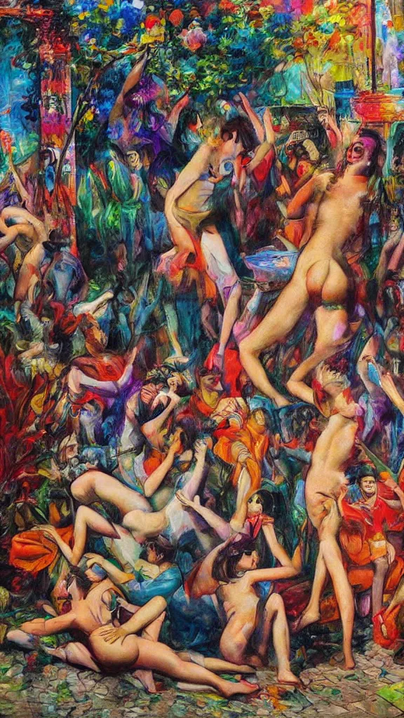 Prompt: social encounters, depictions of the scene and free love hangs - al fresco, postmodern painting, summer of love, sensuous, abstracted, highly detailed, hd