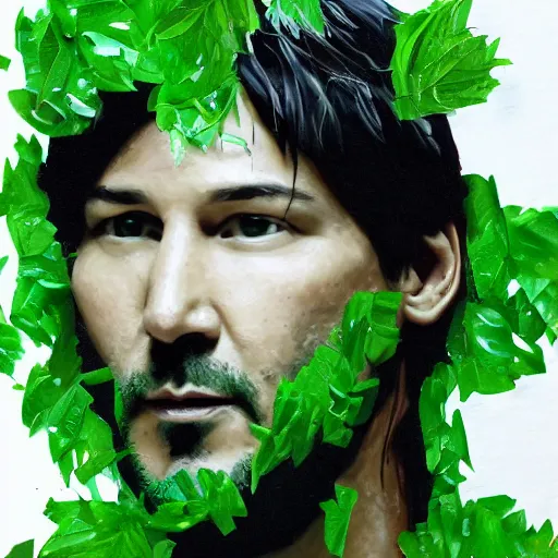 Prompt: portrait of keanu reaves made of green leaves