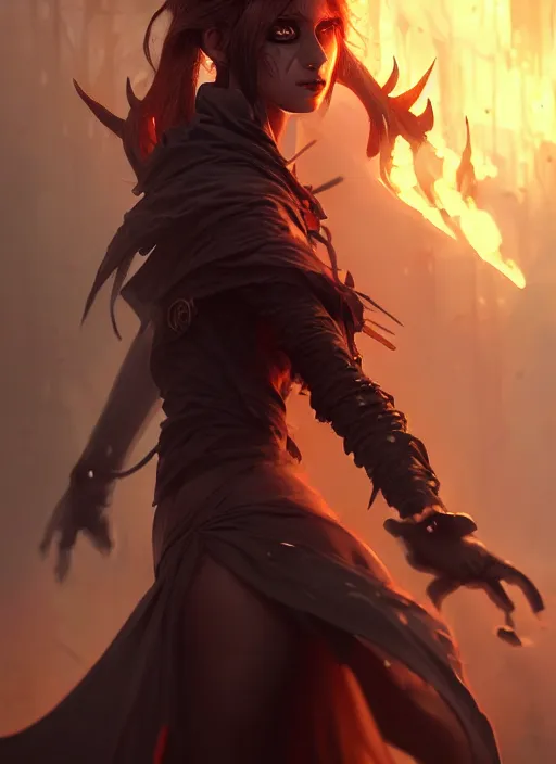 Image similar to character concept art of a dark fantasy female fire witch, key visual, realistic shaded perfect face, fine details, dystopian environment and background, by stanley artgerm lau, wlop, rossdraws, james jean, andrei riabovitchev, marc simonetti, and sakimichan, trending on artstation