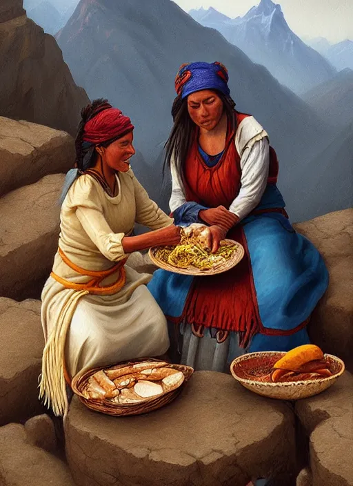 Prompt: a beautiful close up painting of an incan woman exchanging food and fabrics at the top of a mountain with another woman, art by christophe vacher