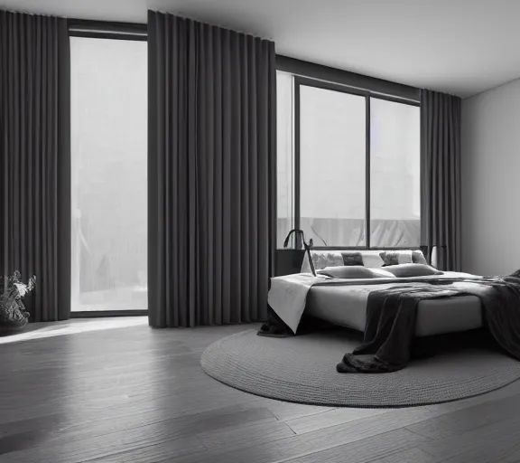 Image similar to brutalist black mansion luxury bedroom interior design minimalist organic, organic architecture furniture open space high quality octane render blender 8 k