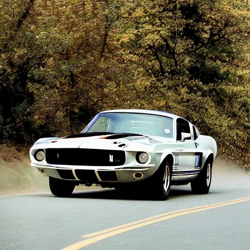 Image similar to a photo of a speeding 1969 Shelby GT350, velvia 50 film