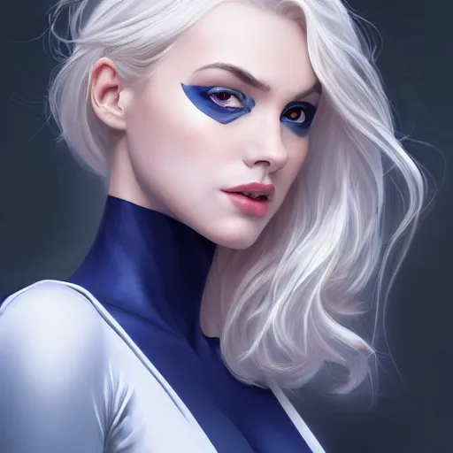 Image similar to a beautiful portrait of a beautiful cute superhero woman, blonde hair, matte navy - blue bodysuit, white cape, intricate, elegant, 8 k, highly detailed, ultradetailed, digital painting, concept art, smooth, sharp focus, illustration, disney, artgerm and loish and wlop and alphonse mucha