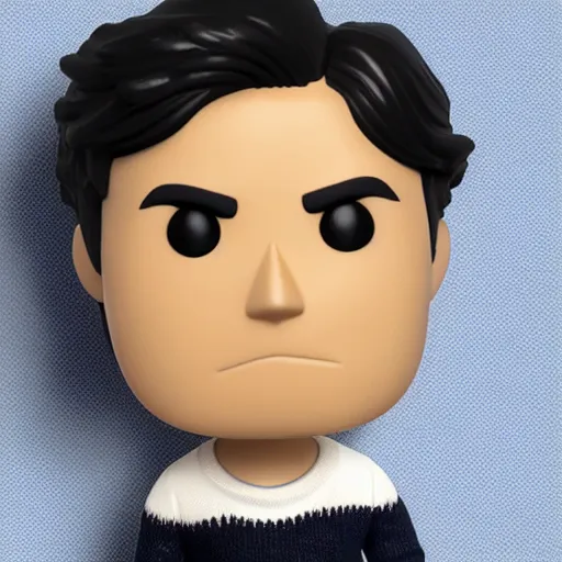 Prompt: a 21 year old skinny white programmer guy with no beard and black hair on top, short on sides, in a navy blue sweater, jeans and grey new balance shoes funko pop close up highly detailed photo