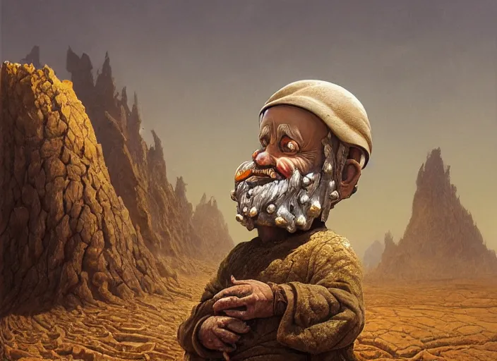 Prompt: a highly detailed forgotten garden gnome surviving in a vast barren desert, hopeless wasteland background with a relentless raging sun overhead, hot, oppressive, an ultrafine detailed painting by by karol bak and filip hodas, trending on deviantart, pop surrealism, whimsical, lowbrow, perfect symmetrical face, sharp focus, masterpiece