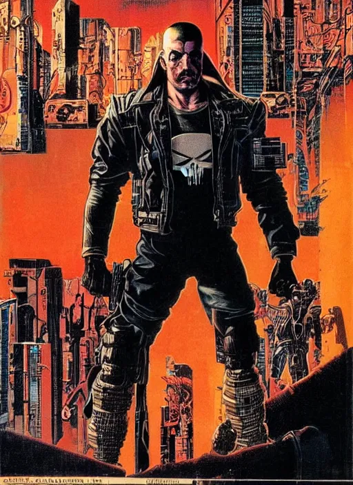 Prompt: cyberpunk the punisher. portrait by clyde caldwell and jean giraud and will eisner and gil elvgren