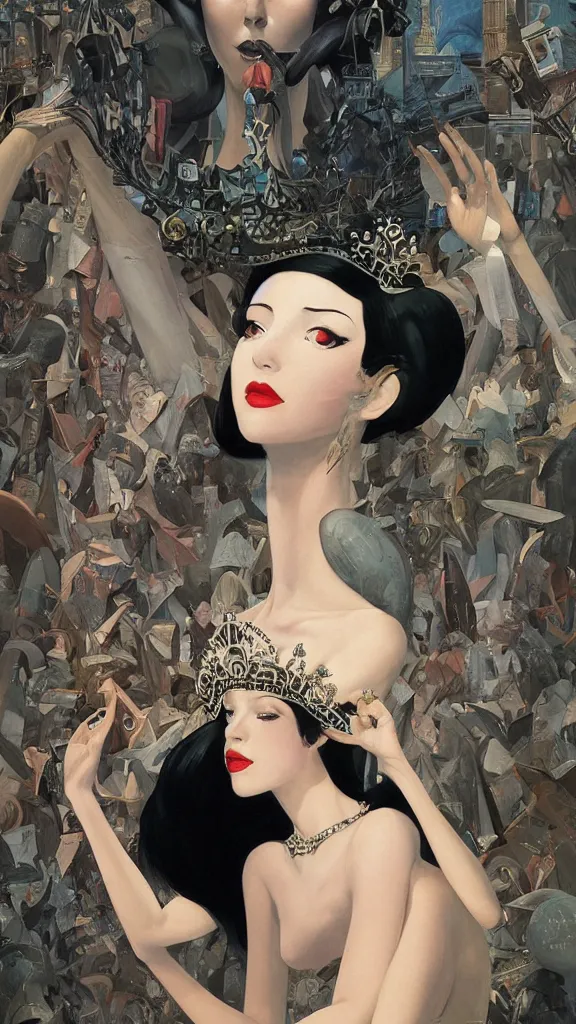 Image similar to a beautiful black haired woman with pale skin and a crown on her head sitted on an intricate metal throne new york circa 1 9 8 4 edward hopper and james gilleard, surreal, open ceiling, highly detailed, airbrush, ilya kuvshinov, wlop, stanley artgerm, very coherent, art by takato yamamoto and james jean