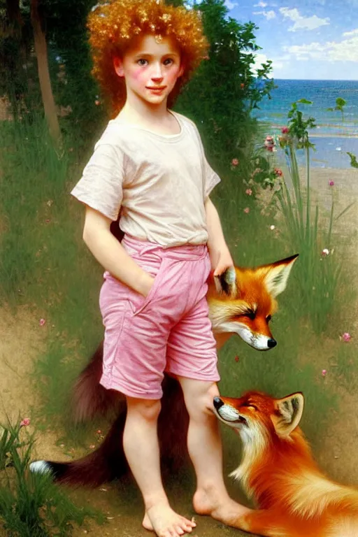 Image similar to a seven - year old freckle - faced girl with long curly dirty blonde hair, blue eyes, tan skin a pink tee shirt and shorts, playing with a fox, painting by daniel gerhartz, alphonse mucha, bouguereau, detailed art, artstation