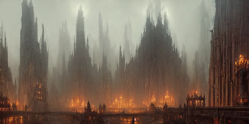 Prompt: dark, warhammer 4 0 0 0 0 hive city, gothic, massive height, extremely intricate, baroque, fog, greg rutkowski, darek zabrocki, marcin rubinkowski, lorenzo lanfranconi, oleg zherebin, karlkka, trending on artstation