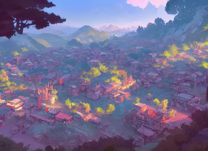 Image similar to concept art painting of a small woodland village in a valley seen from above, european japanese buildings, early morning, cel shaded, detailed, realistic, by makoto shinkai and moebius and anton fadeev and james gurney