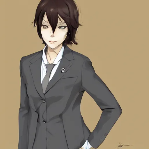 Image similar to woman in grey business suit, brown neat hair, pixiv, fanbox, trending on artstation, portrait, digital art, modern, sleek, highly detailed, formal, serious, determined, competent, colorized, smooth, charming, pretty, safe for work, thick