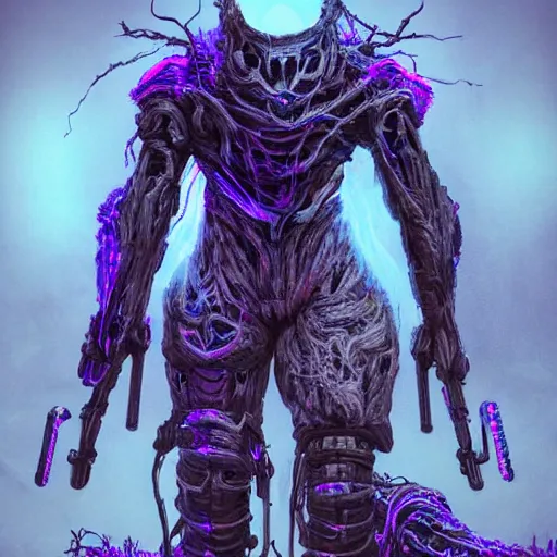 Image similar to Hunter in combat wooden giant walker exoskeleton with chrome details walks between the mystical foggy roots. by Dan Mumford and Tsutomu Nihei make game in Unreal Engine photorealism colorful finalRender iridescent fantasy concept art 8k resolution concept art ink drawing volumetric lighting bioluminescence, plasma, neon, brimming with energy, electricity, power, Colorful Sci-Fi Steampunk Biological Living, cel-shaded, depth, particles, lots of reflective surfaces, subsurface scattering