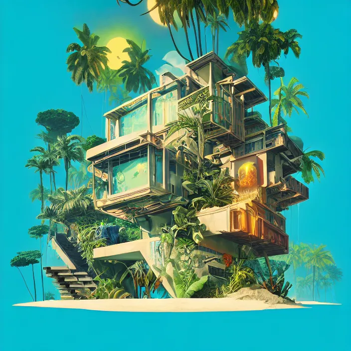 Image similar to a luminescent tropical cottage by paolo eleuteri serpieri and tomer hanuka and chesley bonestell and daniel merriam and tomokazu matsuyama, unreal engine, high resolution render, featured on artstation, octane, 8 k, highly intricate details, vivid colors, vector illustration