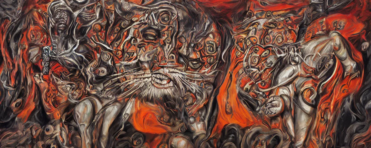 Image similar to an intricated and detailed painting of a shaman turning into a jaguar by jose clemente orozco 4 k render