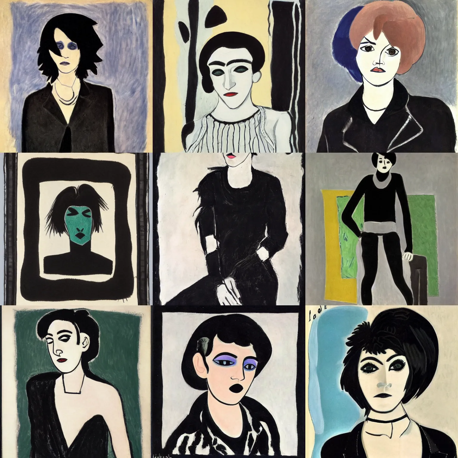Prompt: an androgynous emo portrait by henri matisse. her hair is dark brown and cut into a short, messy pixie cut. she has large entirely - black evil eyes. she is wearing a black tank top, a black leather jacket, a black knee - length skirt, a black choker, and black leather boots.