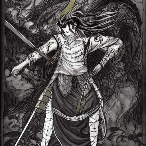 Image similar to a handsome golden Vagabond magic swordsman glides through a beautiful battlefield magic the gathering dramatic esoteric pen and ink illustrated in high detail by Kishimoto