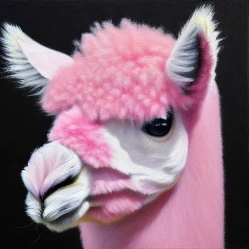 Image similar to fluffy pink alpaca, hyperrealism oil painting