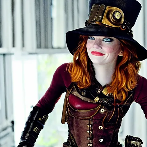 Prompt: long shot photo of emma stone as a steampunk amazon warrior