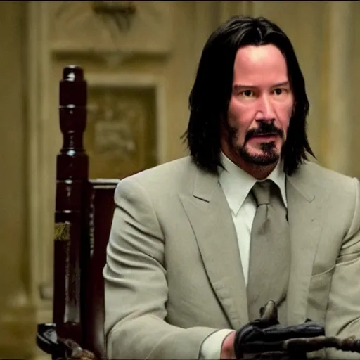 Image similar to A still of Keanu Reeves as President Snow in The Hunger Games (2012)