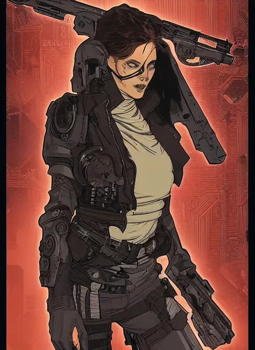 Prompt: deadly cyberpunk assassin. codename : maria. portrait by ashley wood and alphonse mucha and laurie greasley and josan gonzalez and james gurney. illustration, pop art, cinematic. realistic proportions. moody industrial setting. artstationhq. smooth. sharp focus.