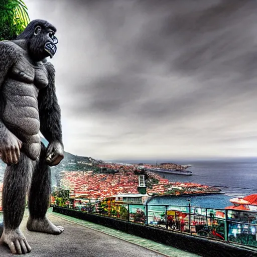 Image similar to king kong walking in funchal's city bay near the streets and sea, trampled, cinematic shot, realistic, hdr, color, wide shot, gigantic