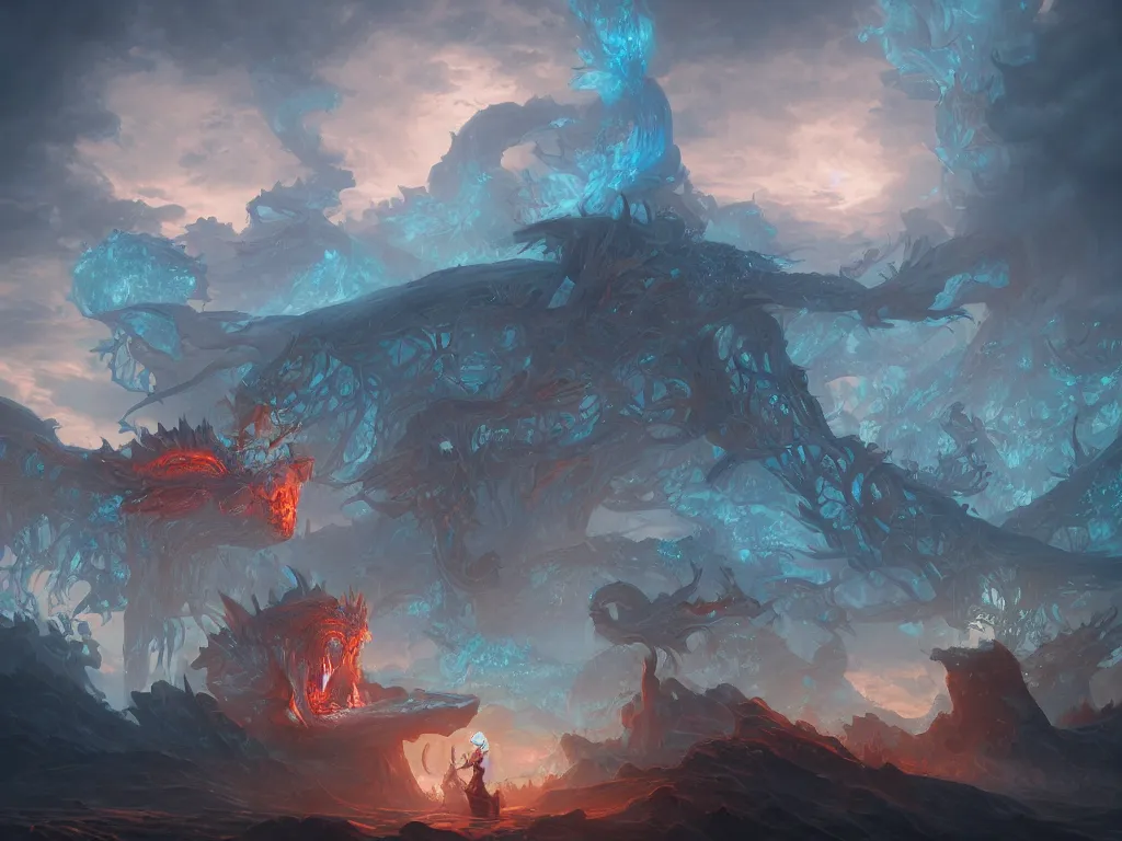 Image similar to huge daragons breathing ice and fire by peter mohrbacher and dan mumford and nekro, cgsociety, volumetric light, 3 d render