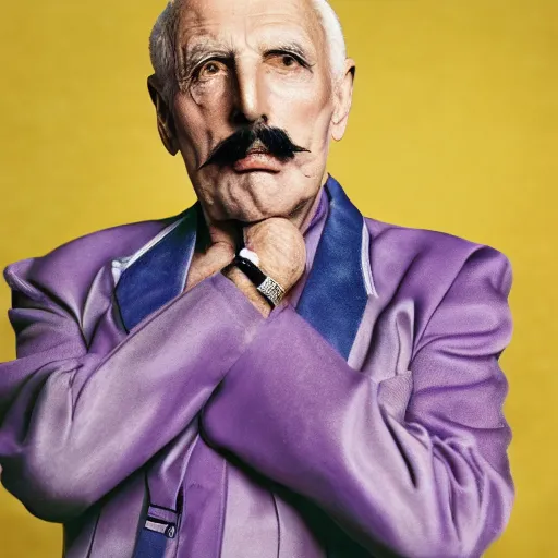 Image similar to old freddie mercury singer at age 9 0 years old, color ( sony a 7 r iv, symmetric balance, polarizing filter, photolab, lightroom, 4 k, dolby vision, photography award ), vogue, perfect face, movie poster