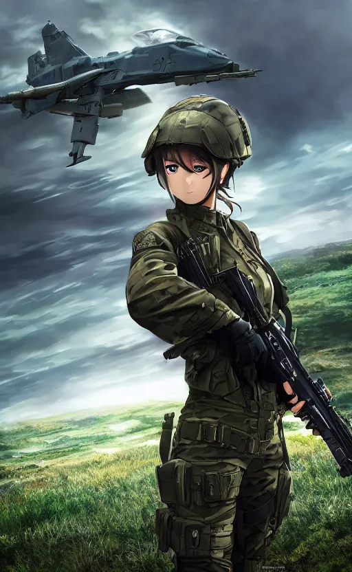 Prompt: girl, trading card front, future soldier clothing, future combat gear, realistic anatomy, concept art, professional, by ufotable anime studio, green screen, volumetric lights, stunning, military camp in the background, metal hard surfaces, real face