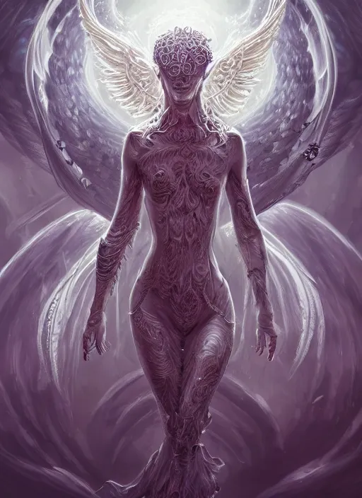 Image similar to a highly detailed illustration of lovecraftian divine angel with hundreds of eyes, horrifying floating looking down pose, intricate, elegant, highly detailed, centered, digital painting, artstation, concept art, smooth, sharp focus, league of legends concept art, wlop.