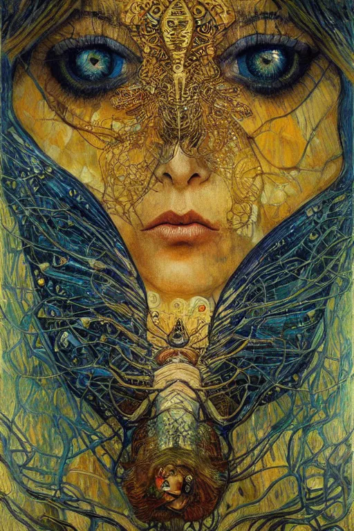 Image similar to Metamorphosis by Karol Bak, Jean Deville, Gustav Klimt, and Vincent Van Gogh, transformational chimera portrait, visionary, cicada wings, otherworldly, fractal structures, ornate gilded medieval icon, third eye, chrysalis, spirals, horizontal symmetry