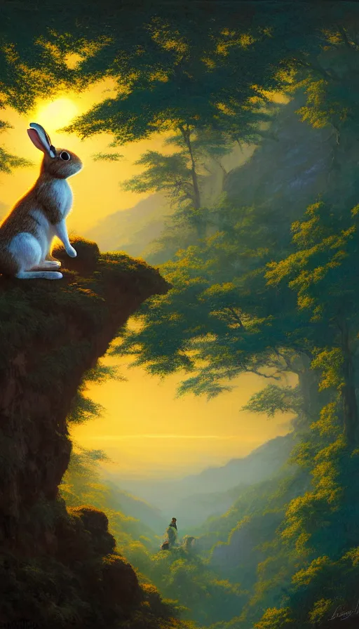 Image similar to hyper realistic rabbit looking off of a cliff, sun setting behind rabbit silhouette, lush forest in valley below, painted by craig mullins, j. c. leyendecker 8 k