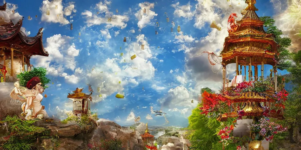 Image similar to wind god enjoying the view from his stone heavenly palace, decorated with windchimes and paper lanterns, nature, clouds and other palaces in background, digital art