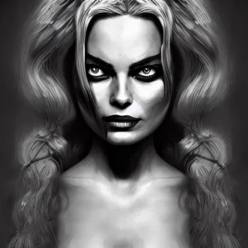 Image similar to michael karcz grunge drawing of margot robbie. , in the style of corpse bride, loony toons style, horror themed, detailed, elegant, intricate, trending on artstation, 4k