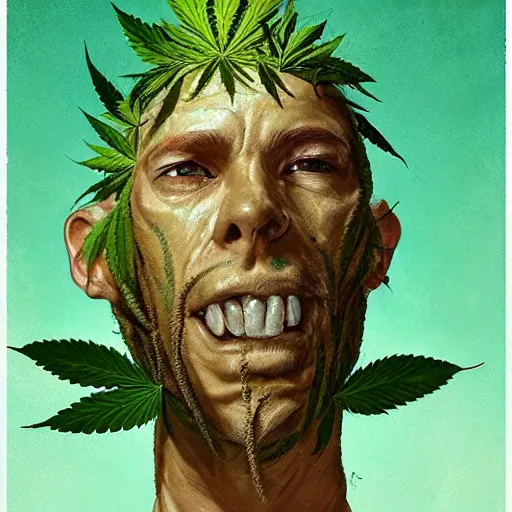 Image similar to a man made of hemp, with a head in the form of a cannabis bloom, like baby grut, green skin, character, art by james jean and greg rutkowski!!, realistic face, digital art, chibi style, golden ratio, perfect composition, trending on artstation, 8 k