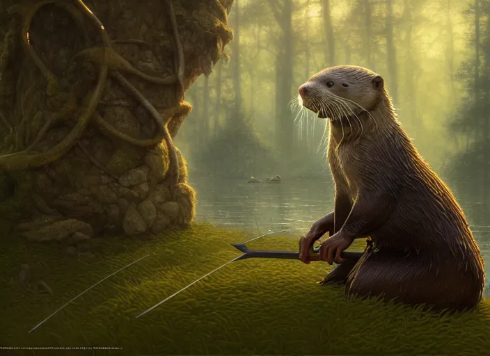 Prompt: a film still portrait of an otter elven archer, finely detailed features, cinematic lighting, perfect art, redwall woodland, forest, intricate, anime, gapmoe grimdark, artstation, trending on pixiv fanbox, painted by brian jacques greg rutkowski, studio ghibli, 4 k