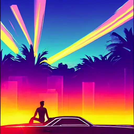 Image similar to a guy leaning against a synthwave car looking off into the sunset in miami, synthwave, vaporwave, digital painting, retro 8 0's box cover art