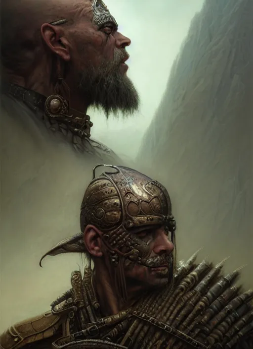 Prompt: closeup portrait shot of a warrior in a scenic dystopian environment, intricate, elegant, highly detailed, centered, digital painting, artstation, concept art, smooth, sharp focus, illustration, artgerm, tomasz alen kopera, peter mohrbacher, donato giancola, joseph christian leyendecker, wlop, boris vallejo