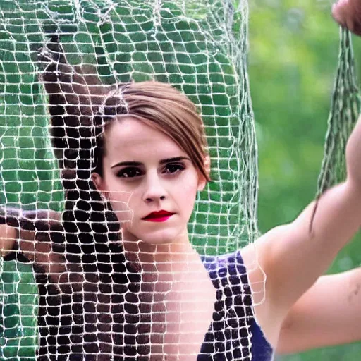 Image similar to annoyed annoying emma watson hanging from and trapped in a giant net