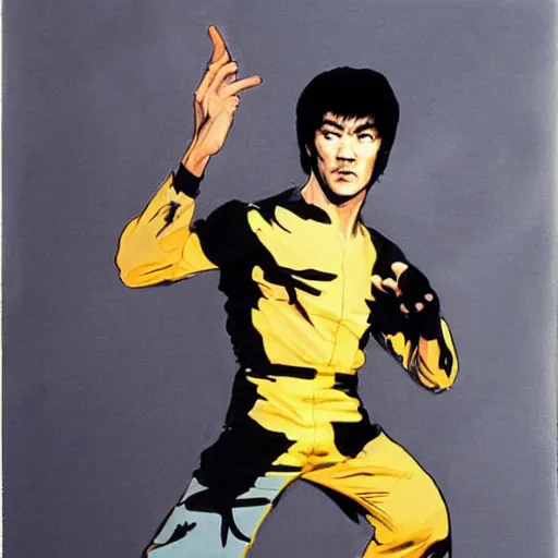 Image similar to Bruce Lee wearing a yellow jumpsuit by Yoji Shinkawa and Ashley Wood