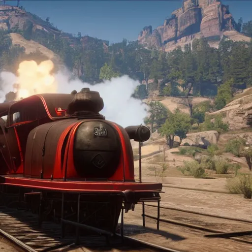 Image similar to futuristic sleek steam locomotive in red dead redemption 2