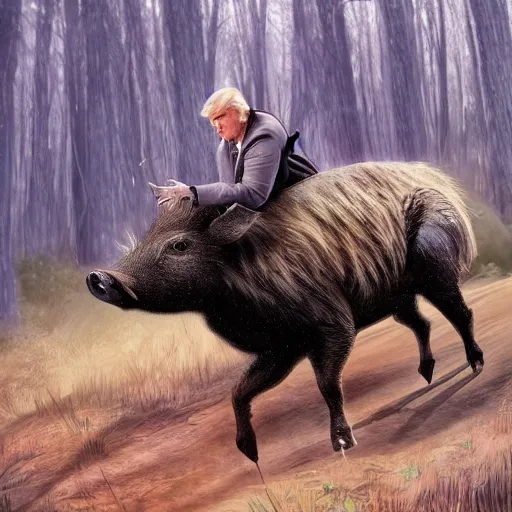 Prompt: donald trump riding a wild boar through the woods, digital art, highly detailed, cinematic lighting, epic composition