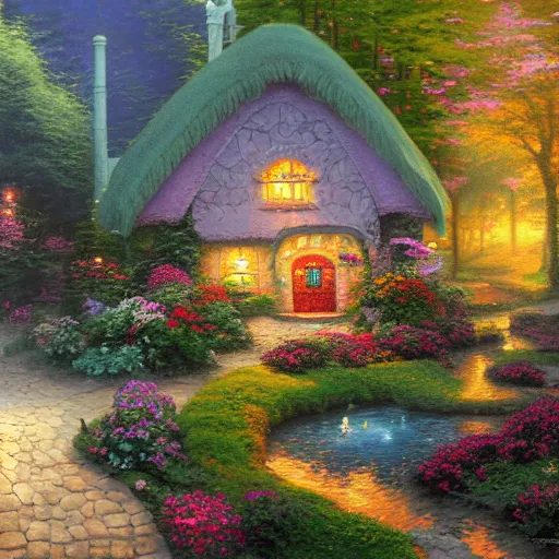 Prompt: Fairytale cottage by Thomas Kinkade, Acrylic and Oil on Canvas