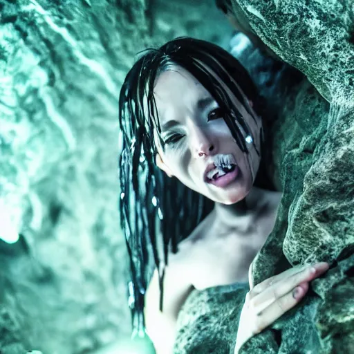 Image similar to photo inside a cavern of a wet reptilian humanoid rapper anime girl partially hidden behind a rock with black eyes open mouth and big teeth