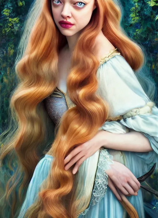 Image similar to a beautiful amanda seyfried as the rapunzel princess, 8 k, sensual, hyperrealistic, hyperdetailed, beautiful face, long ginger hair windy, dark fantasy, fantasy portrait by laura sava