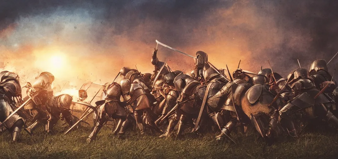 Image similar to film-still shot of a medieval battle, where in front two knights are fighting each other, all knights are fighting with spaghettis instead of swords, atmospheric, highly detailed, sunrise, washed out colours, 8k, concept art, matte painting.