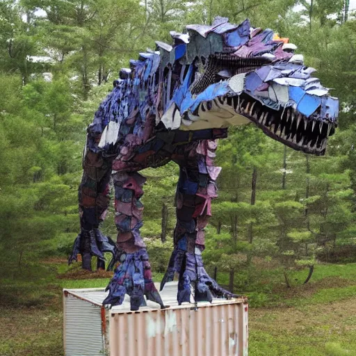 Image similar to photograph of a tyrannosaurus made of shipping containers, recycled shipping container sculpture